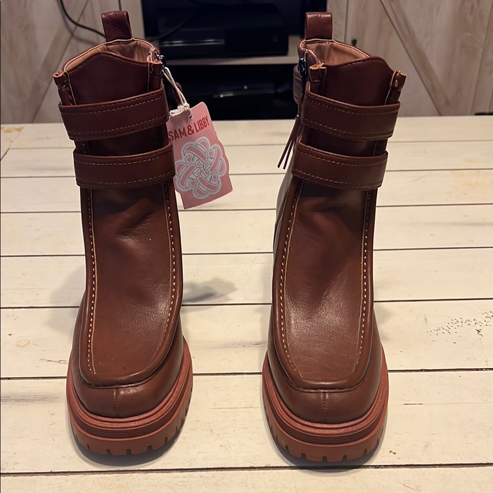Sam & Libby Brown Heeled Boots with Velcro Straps